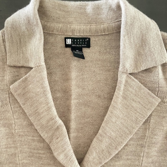 Carole Little Tan Merino Wool Sweater Jacket Long Button Cardigan M Preppy - Picture 7 of 8